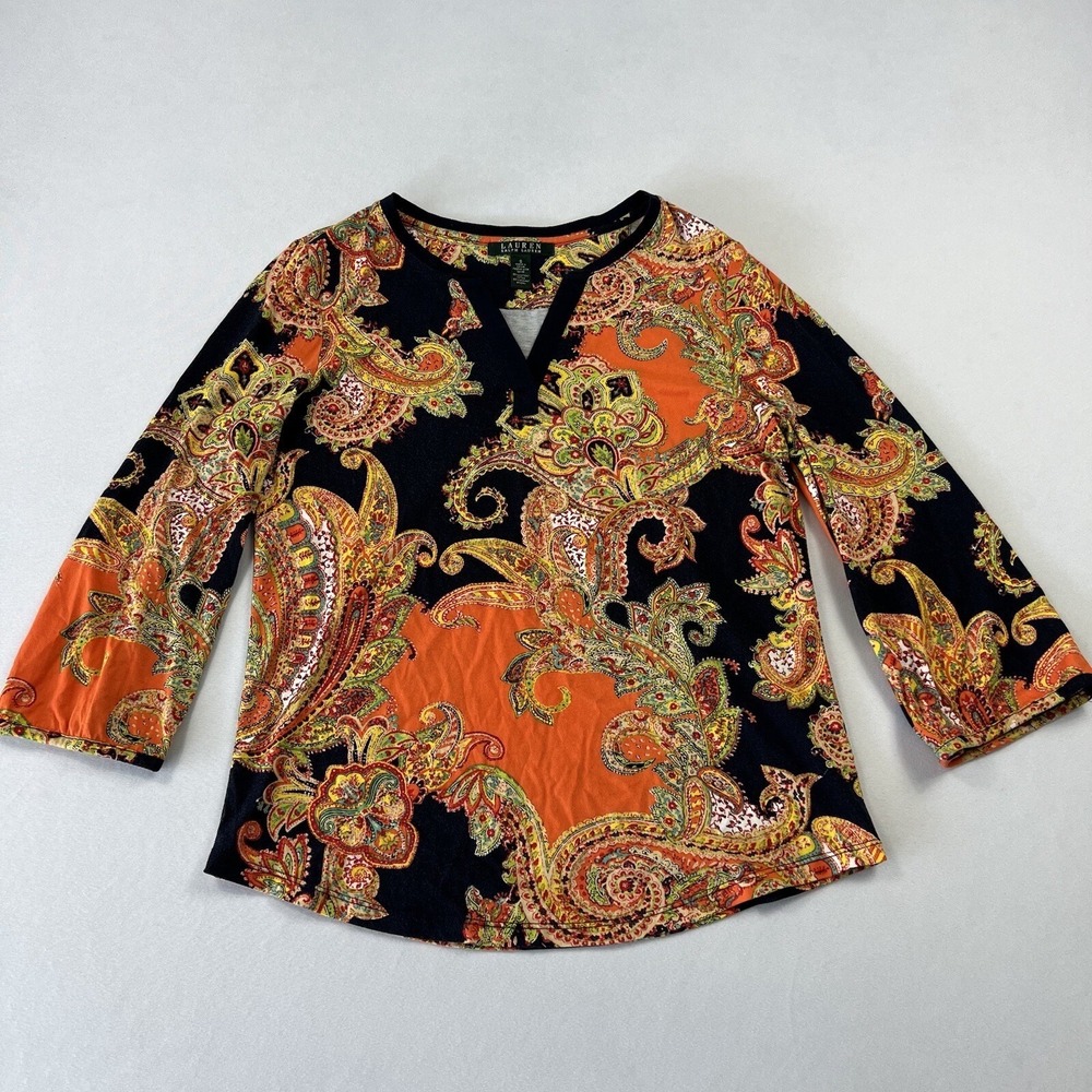 Lauren Ralph Lauren Women's Small‎ Multicolor V-Neck Paisley Long Sleeve Shirt